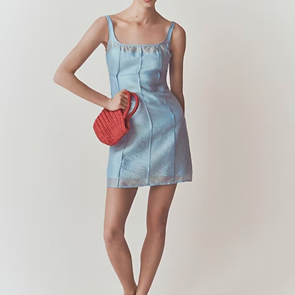J. Crew Light Blue Satin Mini Dress with Red Accent Bag